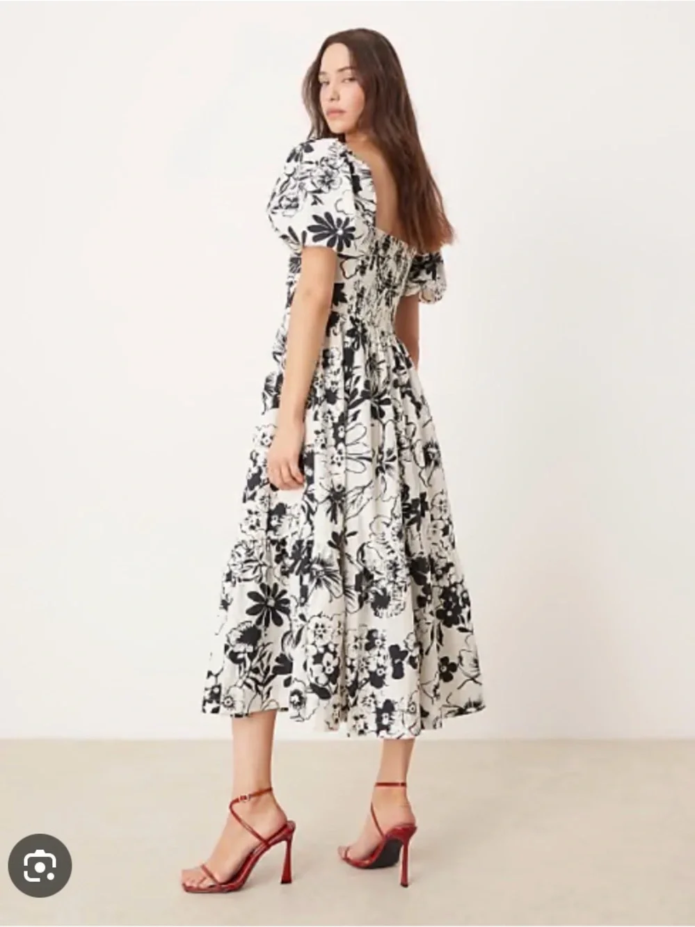 Abercrombie & Fitch Emerson floral midi dress with puff sleeves in black/white